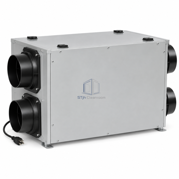 STjh 140 CFM energy recovery ventilator with a wider core cabinet and line-cord supply on white.