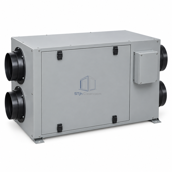 STjh 200 CFM energy recovery ventilator with a large static-core cabinet and expanded fan compartments on white.