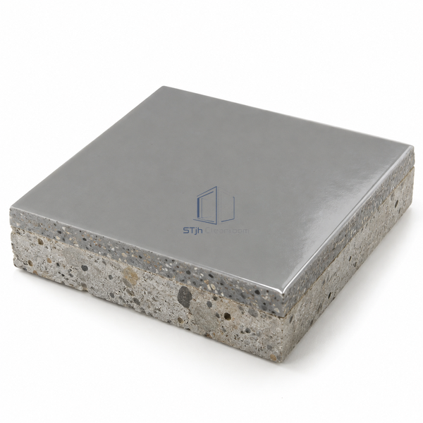 STJH QF30 quartz-filled epoxy floor sample showing a smooth top and dense aggregate cross-section on white