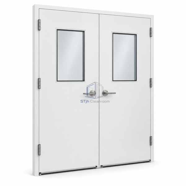 STjh 1500 mm equal double steel cleanroom door on white with two matching rectangular windows and silver lever hardware.