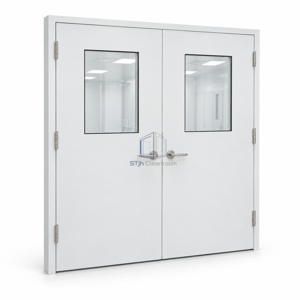 STjh 1800 mm equal-leaf cleanroom steel door on white with broad matching blades and paired rectangular vision panels.
