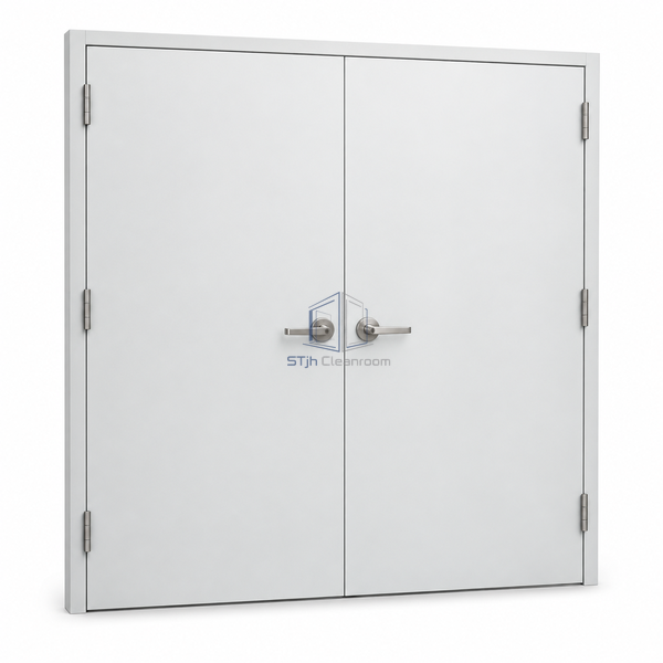 STjh 2200 mm equal double cleanroom door on white with two broad opaque steel leaves and a flush perimeter frame.