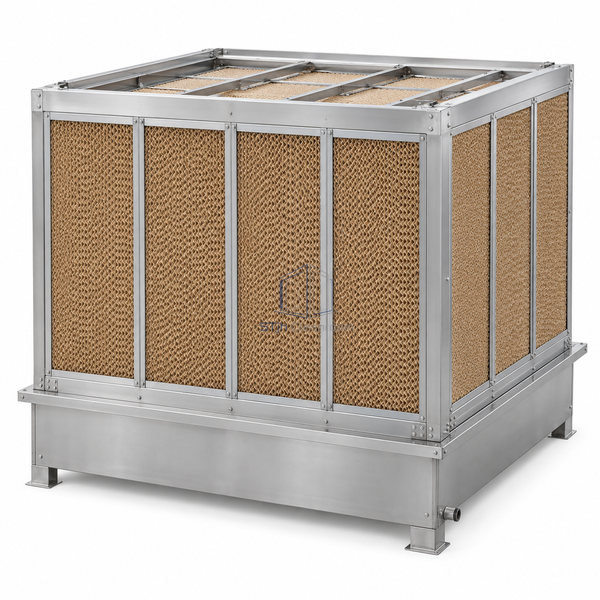 STjh 1200 x 1200 mm evaporative media humidifier with a large cassette bank and reinforced stainless frame on white.