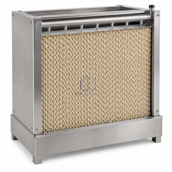 STjh 600 x 600 mm evaporative media humidifier with a compact cassette and stainless collection tank on white.