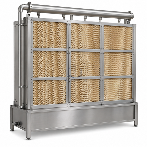 STjh 900 x 900 mm evaporative media humidifier with a larger cassette face and water distribution header on white.