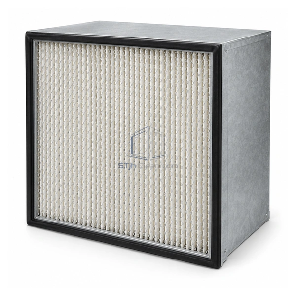 STJH-EXHAUST-HEPA-H13-GASKET deep metal exhaust HEPA filter with black compression gasket on a white background
