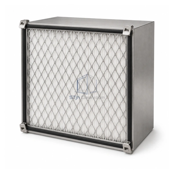 STJH-EXHAUST-HEPA-H14-BIBO deep exhaust HEPA filter with four safe-extraction clips on a white background