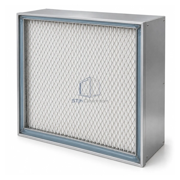 STJH-EXHAUST-HEPA-H14-GEL deep metal exhaust HEPA filter with blue recessed gel trough on a white background