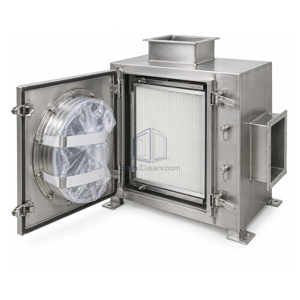 STJH-EXHAUST-HEPA-HOUSING-BIBO stainless containment exhaust housing with safe-change bagging door on a white background