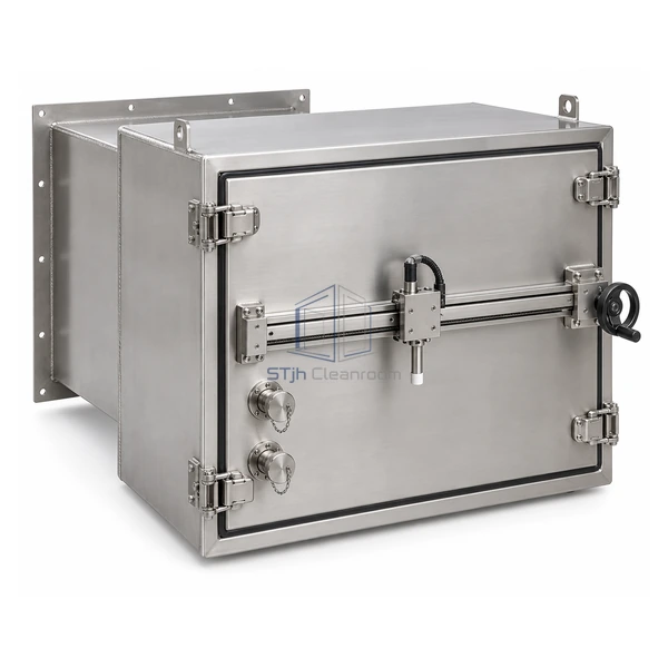 STJH-EXHAUST-HEPA-HOUSING-SAFESCAN stainless exhaust housing with in-situ traverse scan rail and handwheel on a white background