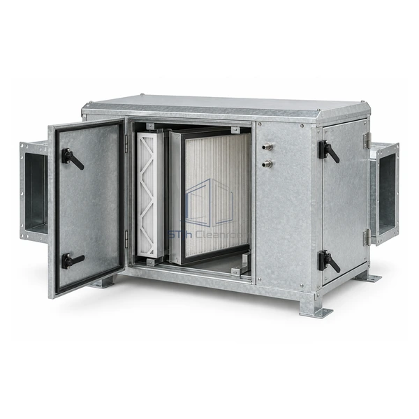 STJH-EXHAUST-HEPA-HOUSING-STANDARD galvanized dual-side-access exhaust HEPA housing with prefilter track on a white background