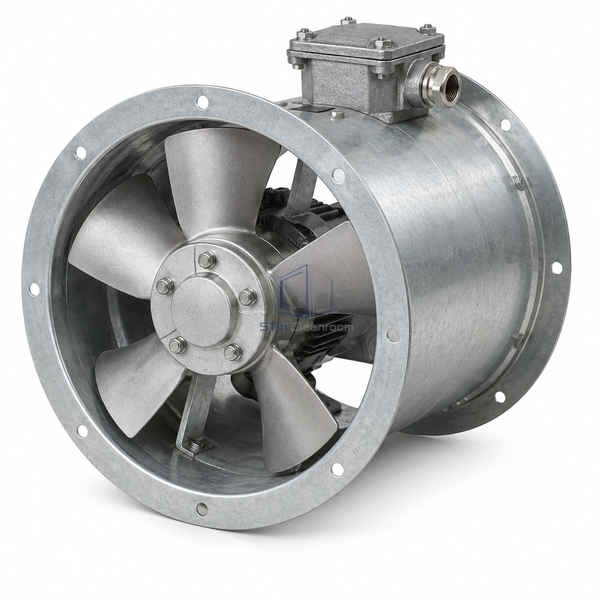 STjh 315 mm explosion-proof axial exhaust fan with a compact tube and external connection box on white.