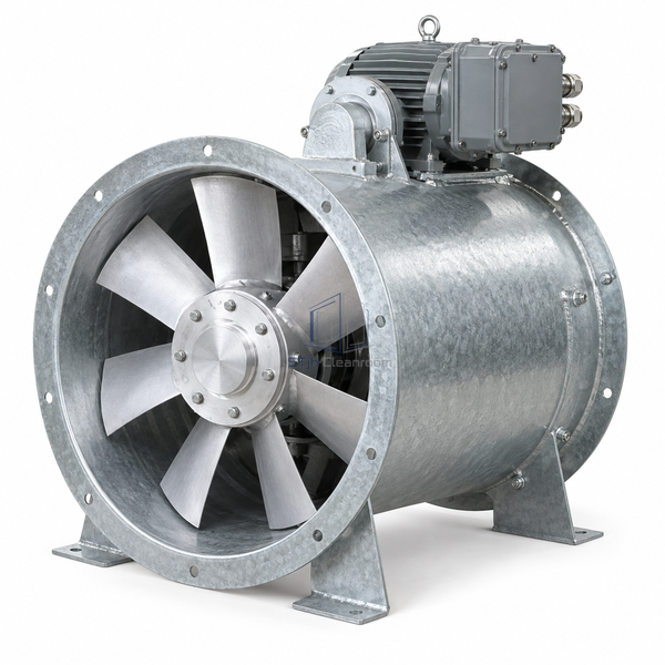 STjh 500 mm explosion-proof axial exhaust fan with a broad flange and enlarged motor housing on white.