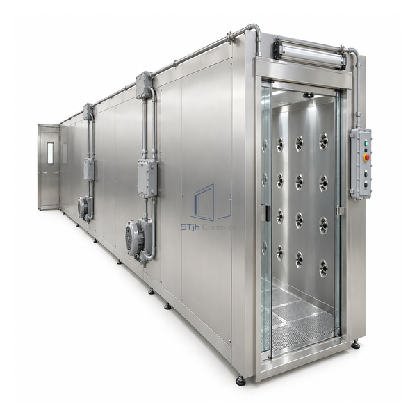 STjh 52 by 144 inch explosion-resistant stainless-steel tunnel with three blower sections and sealed conduit boxes