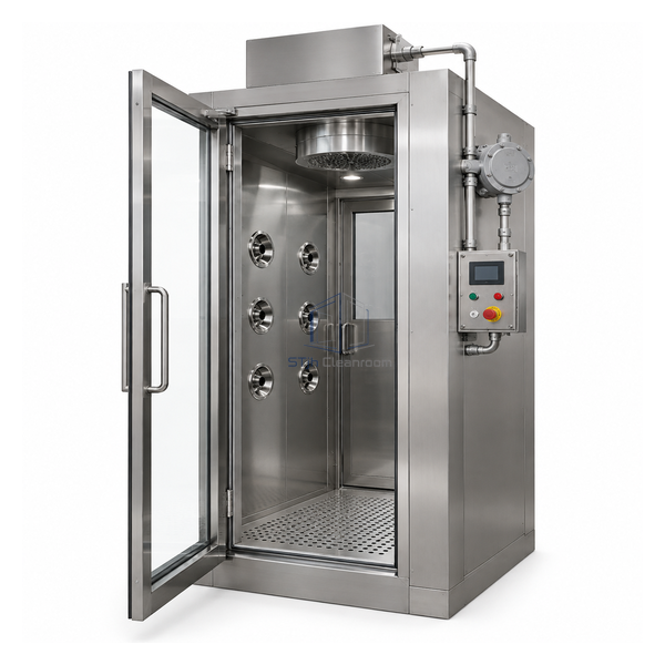 STjh compact 52 by 44 inch explosion-resistant stainless-steel air shower with one blower and sealed electrical enclosure