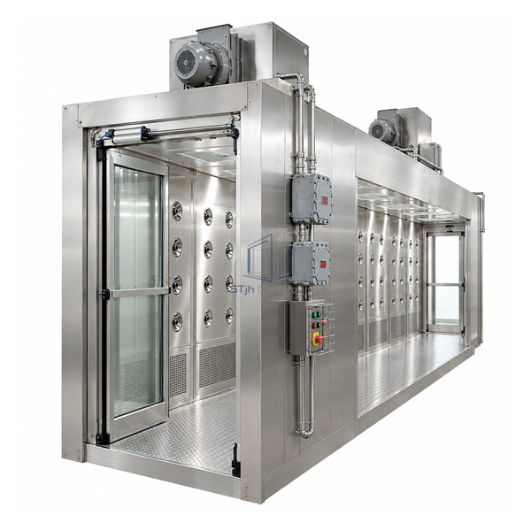 STjh 52 by 96 inch explosion-resistant air shower with a two-module stainless passage and pneumatic doors