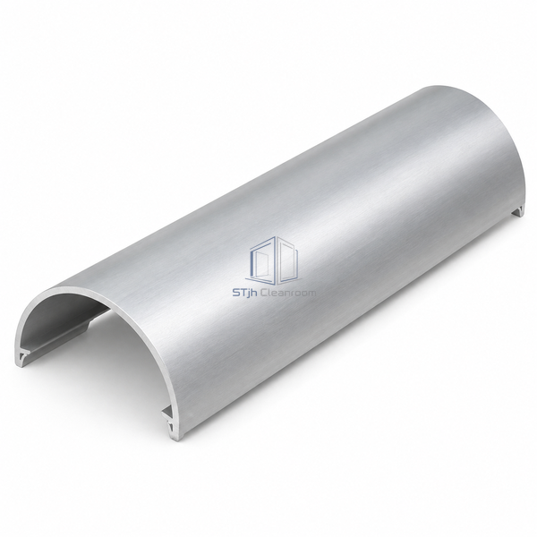 STJH-EXTERNAL-ROUNDED-CLEANROOM-CORNER-R52 broad convex aluminum outer-corner section on a white background