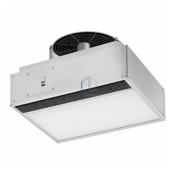 STjh fan-powered H13 HEPA ceiling module with compact room-side latches and washable prefilter