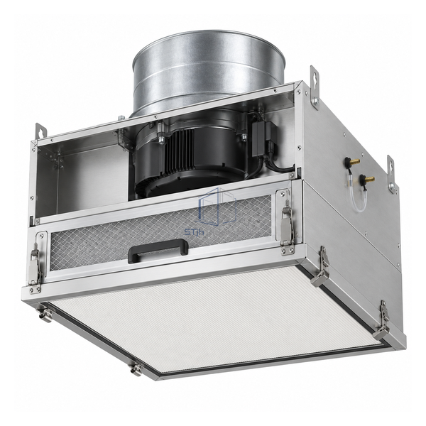 STjh fan-powered H14 HEPA module with round duct collar, test ports and room-side filter clamps