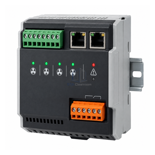 STjh BACnet IP FFU gateway with RS485 terminals, dual Ethernet sockets and alarm relay block