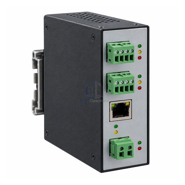 STjh FFU BMS gateway with dual RS485 terminals, Ethernet socket and DIN-rail mounting clip