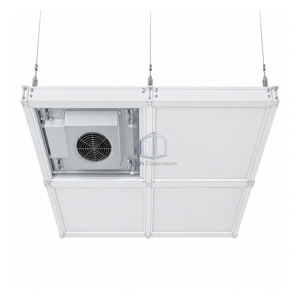 STjh powder-coated steel FFU ceiling grid with four 2 by 4 foot bays and suspended cross tees