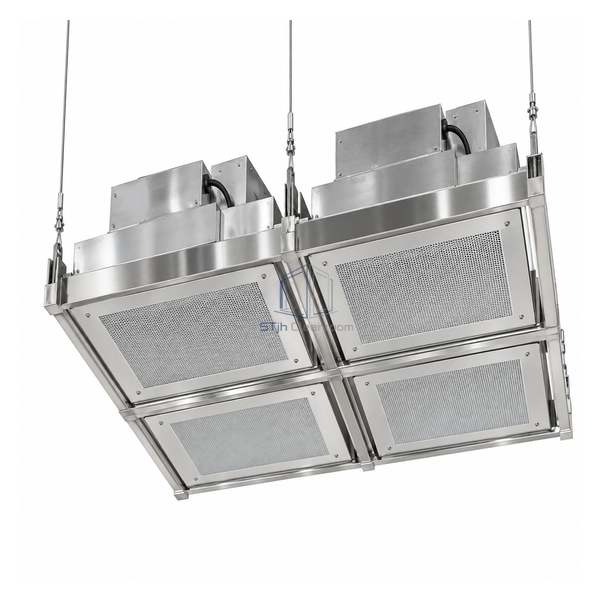 STjh 304 stainless FFU ceiling grid with cleanable 2 by 4 foot bays and polished suspension runners