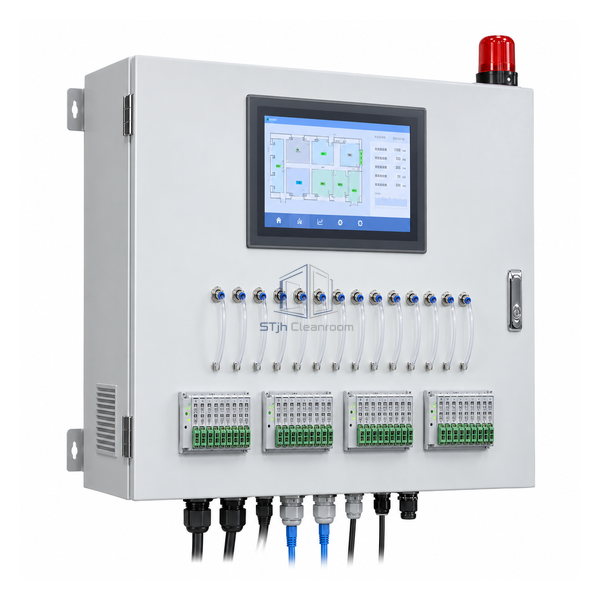 STjh dynamic-pressure FFU control cabinet with color touchscreen, room sensors and network I/O modules