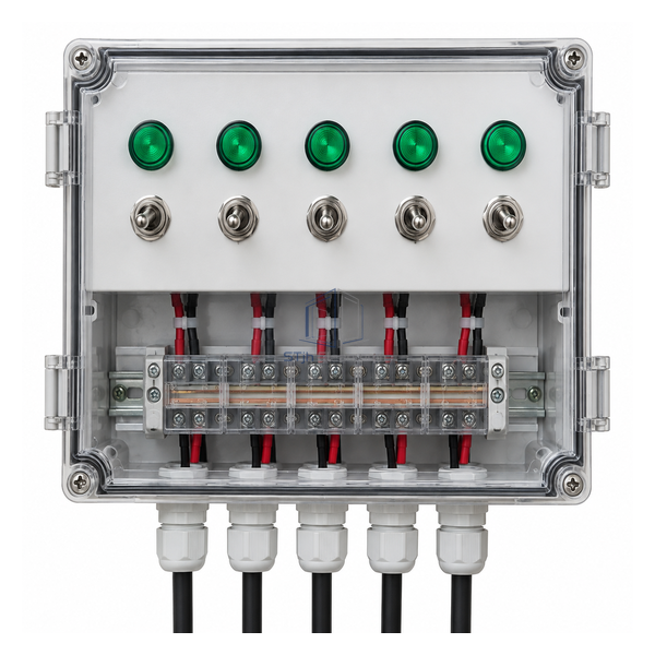 STjh five-circuit FFU group panel with five switches, indicator lamps and 24 V distribution module