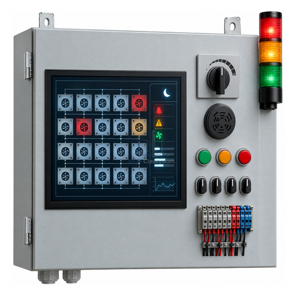 STjh FFU group panel with reduced-speed selector, audible buzzer and three-color alarm beacon