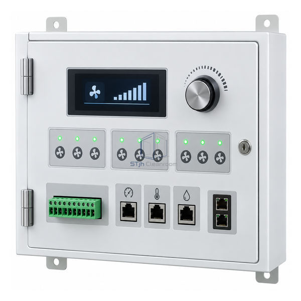 STjh remote EC FFU group panel with Modbus terminals, speed control and three environmental sensor ports