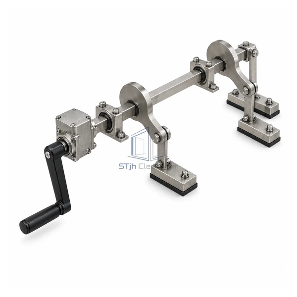 STJH-FILTER-CLAMP-ASSEMBLY-CRANK700 stainless crank-driven synchronized filter clamp assembly on a white background