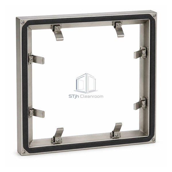 STJH-FILTER-CLAMP-ASSEMBLY-SNAP610 square stainless snap-tab filter clamping frame on a white background