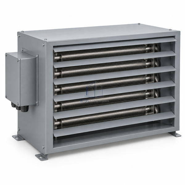 STjh 15 kW fan-forced electric air heater with a deeper heating bank and louvered outlet on white.