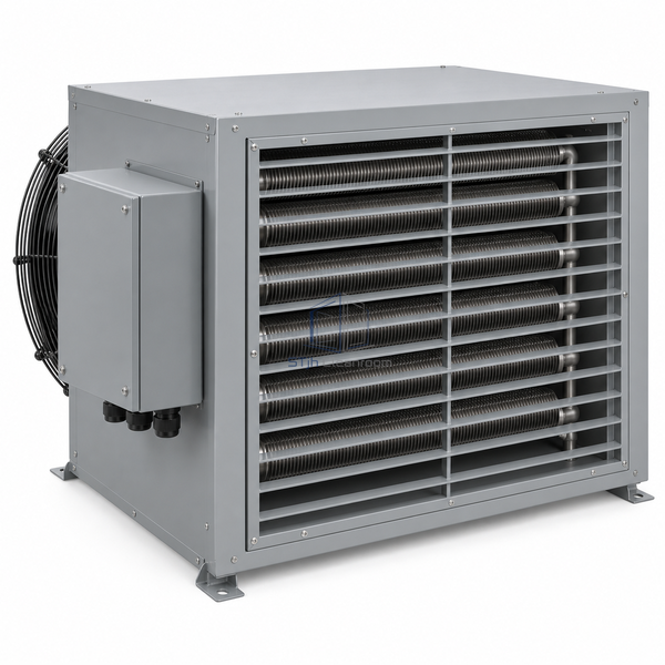 STjh 30 kW fan-forced electric air heater with a large housing and broad finned heating assembly on white.