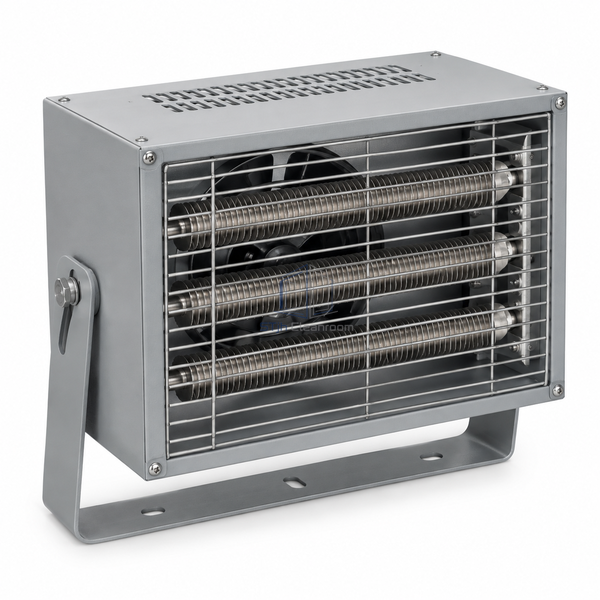 STjh 3 kW fan-forced electric air heater with a compact finned-element cabinet and mounting bracket on white.