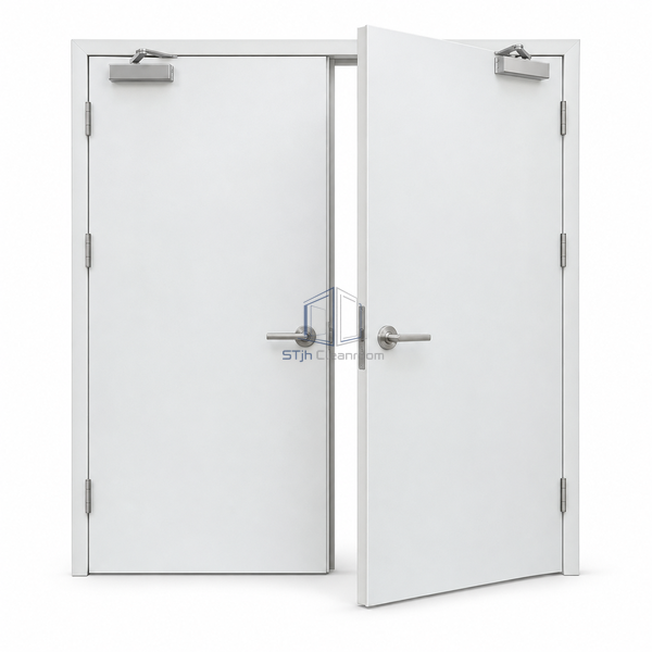 STjh GRP-frame double cleanroom fire door on white with two opaque molded leaves meeting at the centre.
