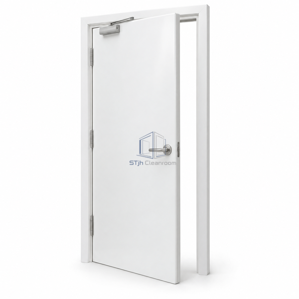 STjh GRP-frame single cleanroom fire door shown on white with an opaque molded blade and conventional side hinges.