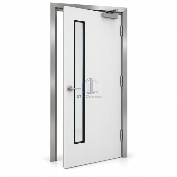 STjh stainless-frame long-vision cleanroom fire door against white with a tall narrow window in its molded blade.