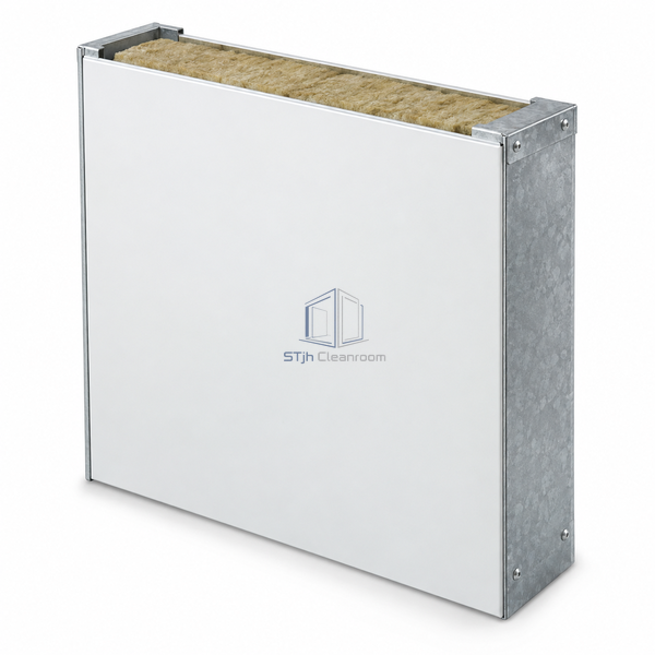 STJH-FIRE-RATED-ROCK-WOOL-CLEANROOM-PANEL-GIFRAME-100 deep steel-framed rock wool panel on white background