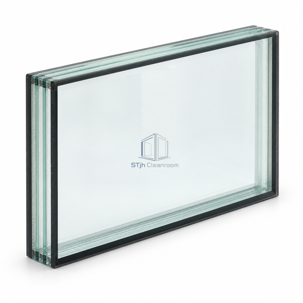 STjh intumescent multi-chamber vision-glass component on white, showing clear layered glazing and a sealed perimeter edge.