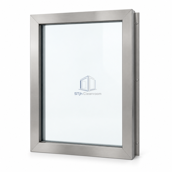STjh upright single-pane fire-resistant observation window on white, with a stainless frame around a 36 by 48 inch opening and flush front glazing.