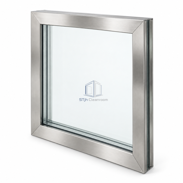 STjh triple-sandwich fire-resistant vision panel on white, with a stainless reveal and the three-glass assembly visible at its side edge.