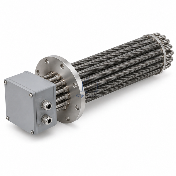 STjh 20 kW eight-inch flanged duct heater with a finned-element bundle and terminal enclosure on white.