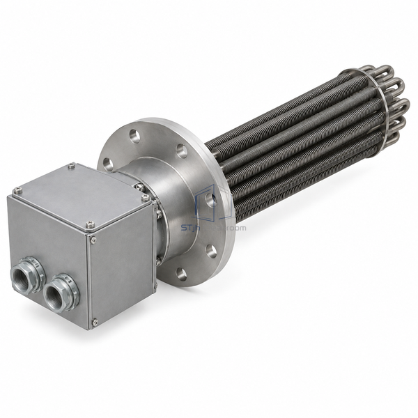 STjh 40 kW eight-inch flanged duct heater with a finned bundle and heavier power terminal enclosure on white.
