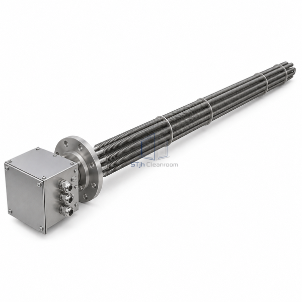 STjh 60 kW eight-inch flanged duct heater with a long immersed finned-element bundle on white.