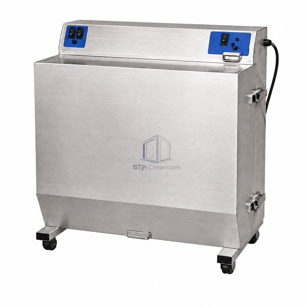 STjh compact stainless floor-standing FFU with blue top control panels, side toggle latches and small caster wheels