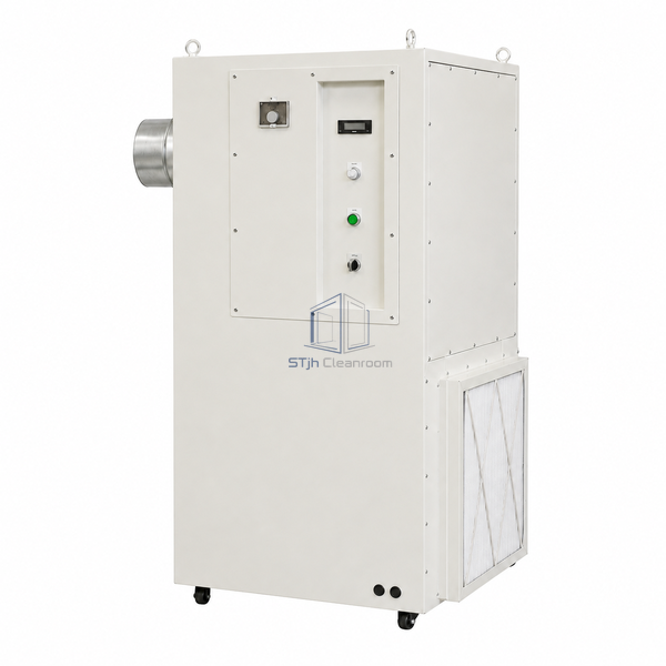 STjh ducted floor-standing FFU with an off-white cabinet, round side outlet and lower side filter panel