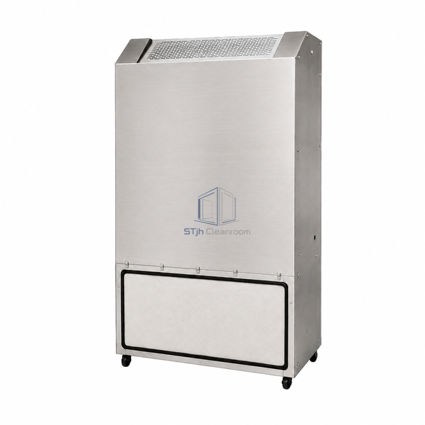 STjh tall stainless floor-standing FFU with a sloped top discharge grille and lower gasketed intake panel