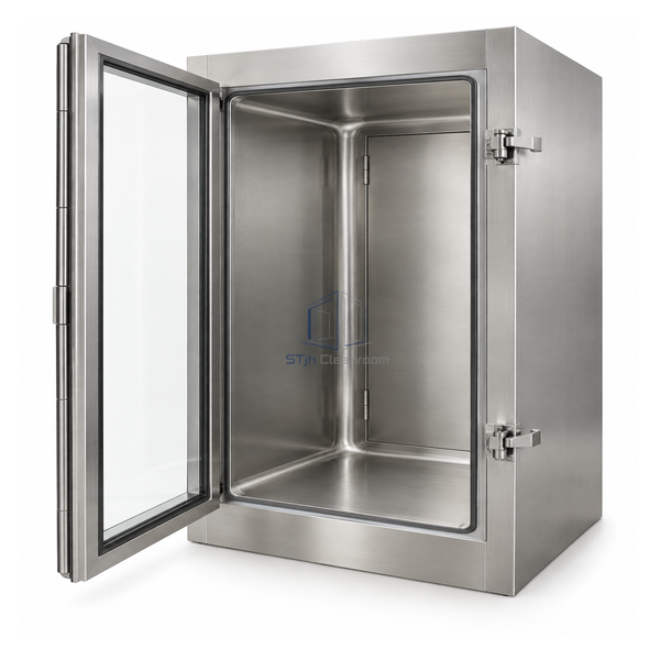 STjh fully welded floor-standing stainless pass box with seamless coved chamber, integrated floor and compression doors